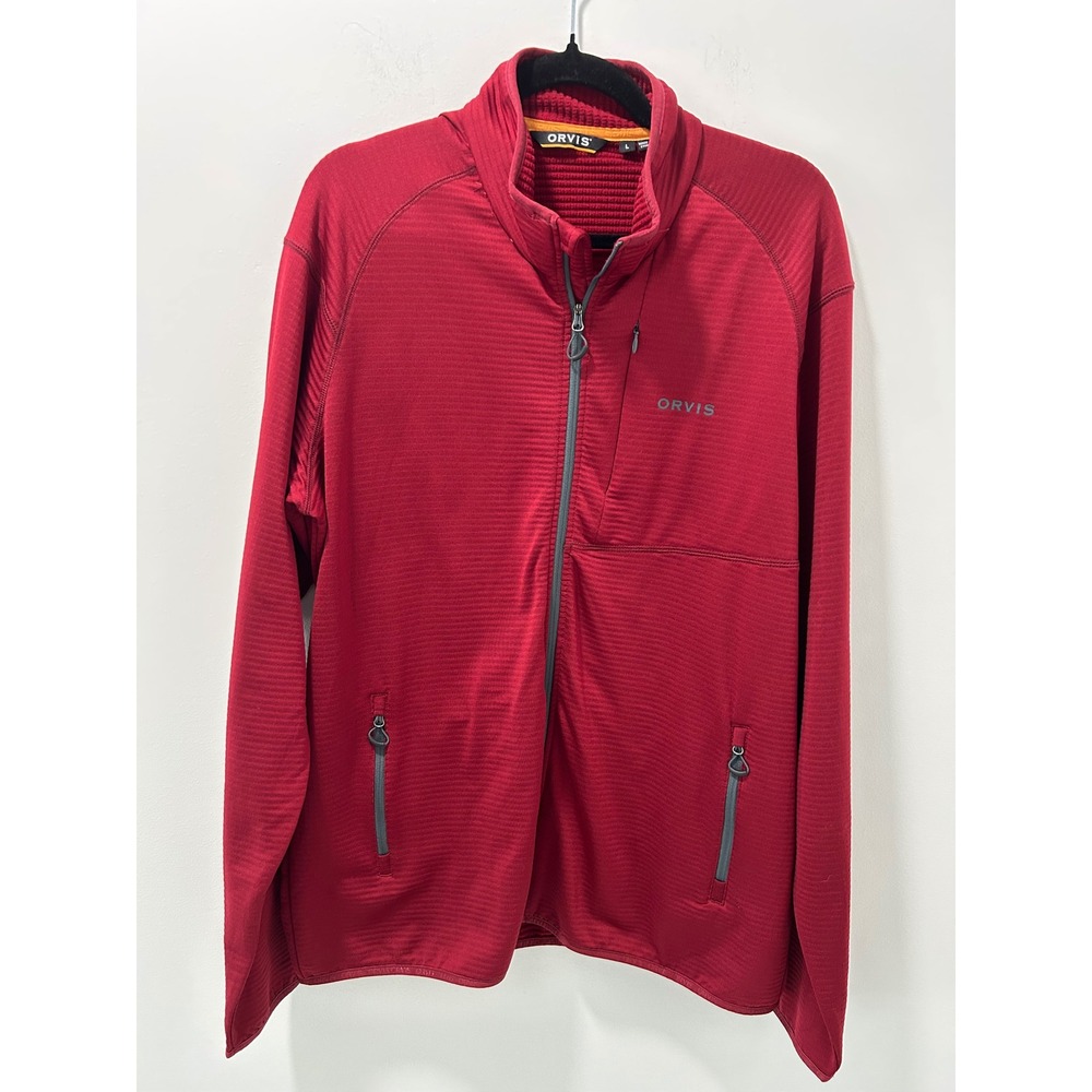 Orvis Mens Red Grid Fleece Full Zip Jacket Textured Performance Layer Large